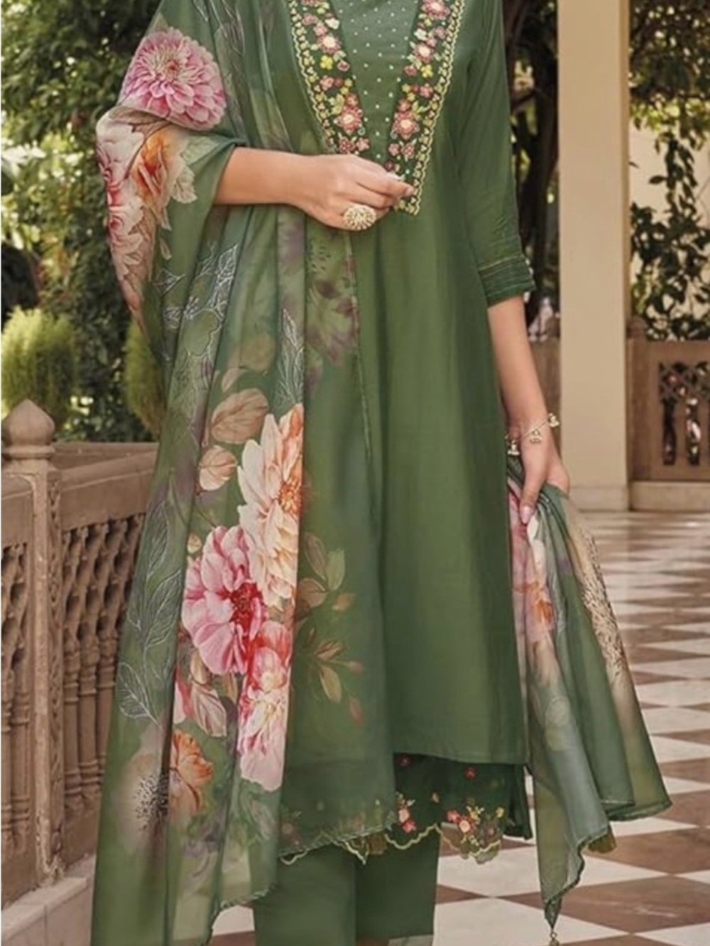 Sage Green Floral Embroidered 3-piece kurta with Sheer Floral Dupatta - Picture 3 of 3